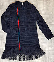 Платье детское нарядное Анабель темно-синее 128,140см 3д велюр сетка, принт горох