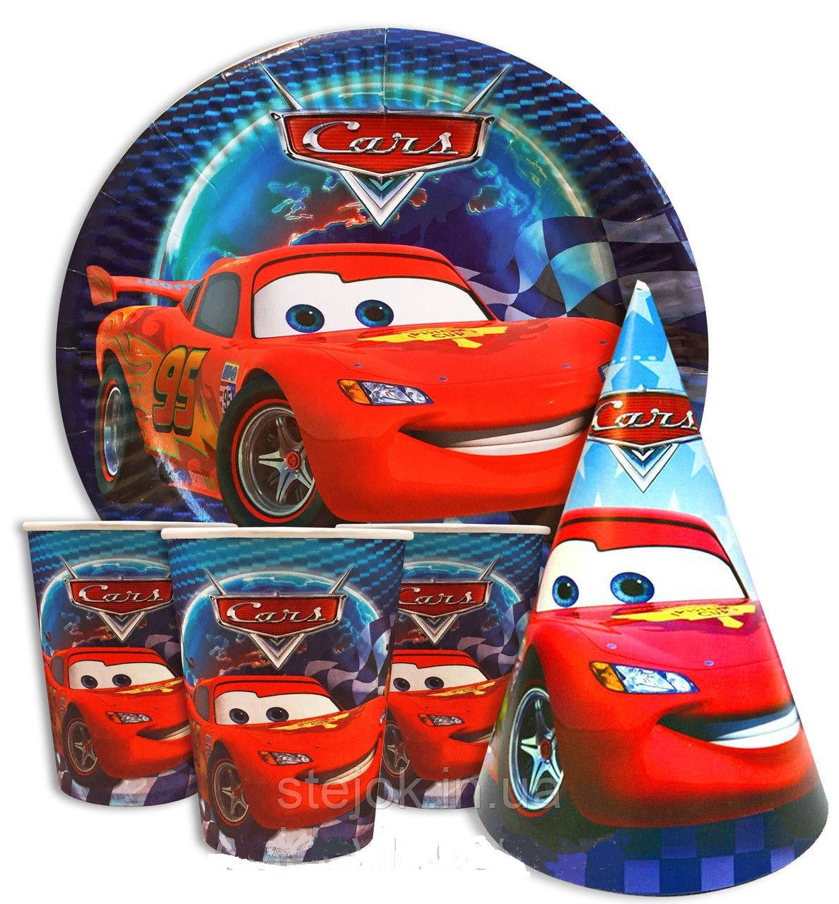 Набір посуду для дитячого дня народження "Тачки". Тарілки, стаканчики та ковпачки по 10 шт., фото 1