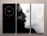 Фотокартина модульная с часами Поцелуй пара влюблённых Инь Янь чёрно-белая габарит 90*60х3 частей