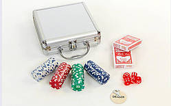 Набір для покера в алюмінієвому кейсі (100 фішок із номіналом, 2 кол.карт, 5 куб)