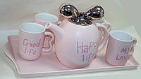 Кружки чашки чайник Чайный набор: поднос, чайник и 4 кружки, светло-розовый