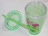 Термо-стакан пластик з кришкою і трубочкою, салатовий, малюнок фламінго, фото 3