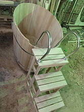 Дерев'яна купіль з дуба овальна 180*120*120см зі сходами з нержавійки і великими ступенями