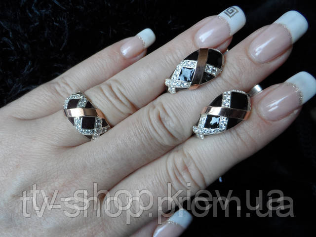 Кільце, сережки зі срібла та золота з емаллю Естель,р17,5, фото 1