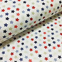 Ткань поплин звездочки голубые, красные и бежевые на белом (ТУРЦИЯ шир. 2,4 м) (R-G-0263)