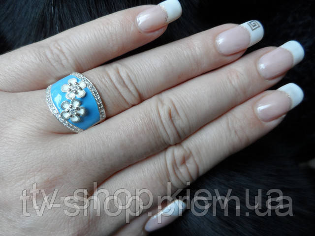 Кільце зі срібла з емаллю Ромашка,р17,5, фото 1