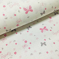 Ткань муслин Двухслойная серо-розовые бабочки с цветами на белом (шир. 1,6 м) (MS-W-0273)