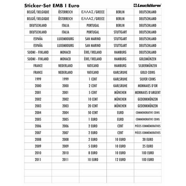 Этикетки Leuchtturm для монетних боксів (монети євро)