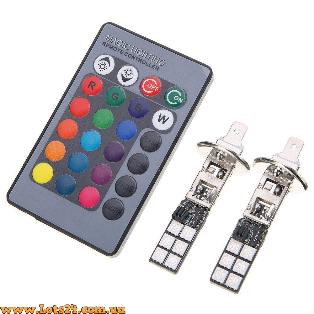 Автолампи H1 12 LED RGB + стробоскоп з пультом ДК світлодіодні лампи для авто