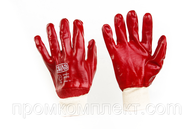 Рукавиці з ПВХ-покриттям р10 (червоні манжети з підвісом/хедером)