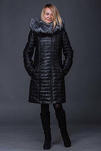 Пуховик із натуральної шкіри з хутром чорнобурки