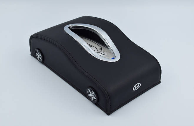 Підставка для серветок Hyundai шкіряна в автомобіль з логотипом і місцем для номера телефону Black Хундаи, фото 2