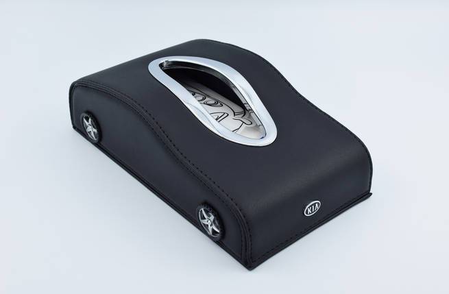 Підставка для серветок KIA шкіряна в автомобіль з логотипом і місцем для номера телефону Black КІА подарункова, фото 2