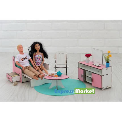 Меблі для лялькового будиночка Барбі NestWood, біло-рожева (ВІТАЛЬНЯ), фото 2