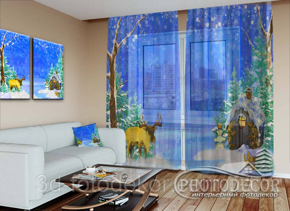 Новорічний ФотоТюль "Олень і будиночок" (2,5м*6,0м на довжину карниза 4,0м), фото 1