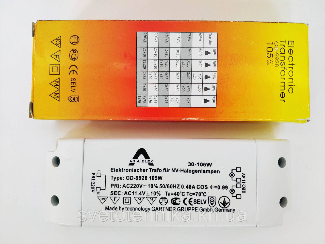 Электронный понижающий трансформатор GD-9928 105W для галогенных ламп 12V c защитой - фото 2 - id-p826882805