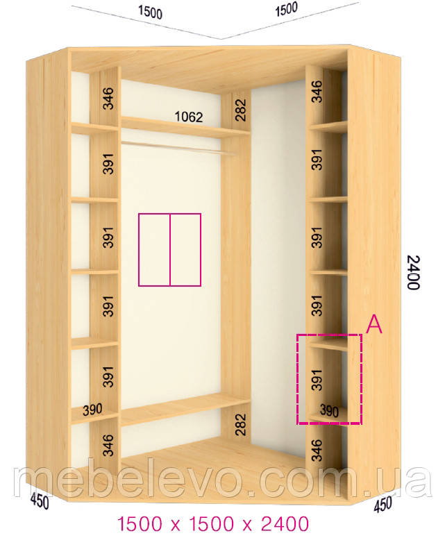 Шафа-купе кутова 2 двері Стандарт 150х150 h-240, ТМ Фенікс