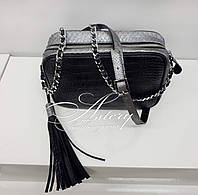 Женская черная кожаная сумочка STELLA с серебристым питоном