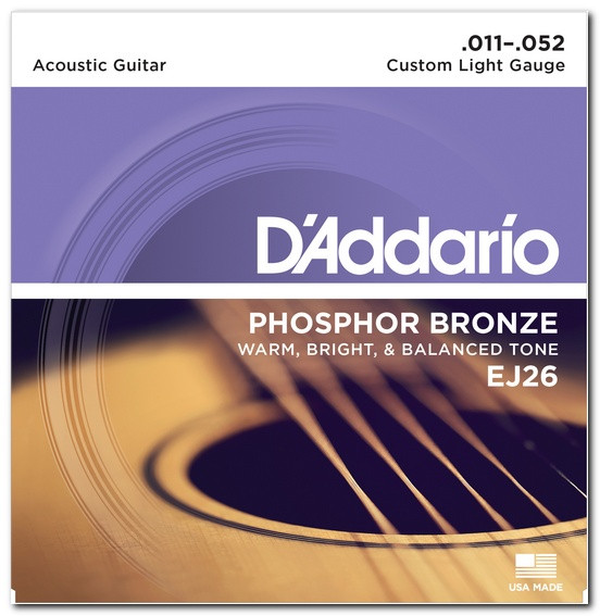 Струни для акустичної гітари d'addario EJ26 PHOSPHOR BRONZE CUSTOM LIGHT 11-52