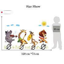 Наклейка в детскую, на шкаф "звери на велосипедах в цирке" 73см*120см (лист 60*90см), фото 3
