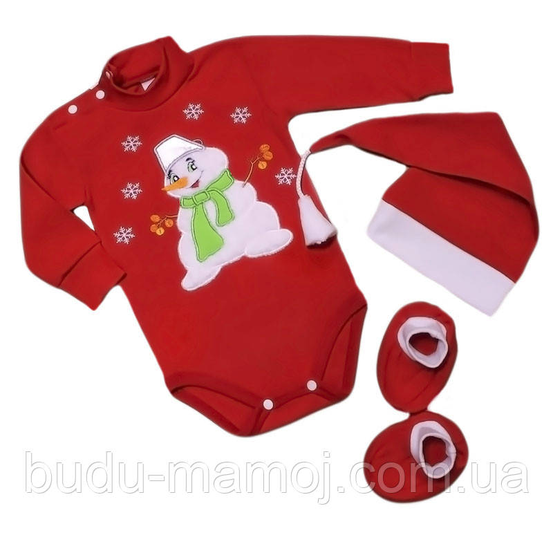 Комплект новорічний 3 в 1 боді шапочка пінетки костюм на Новий рік 62 68 розмір 3 6 місяців, фото 1