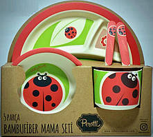 Дитячий набір посуду з бамбука Божа корівка xiyibaby (вушко чашки з тріщиною)