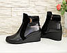 Черевики жіночі на танкетці, натуральна шкіра і замш чорного кольору, фото 4