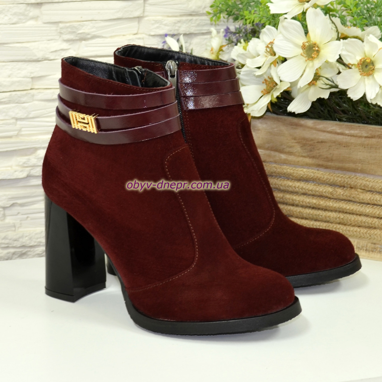 Черевики жіночі замшеві на стійкому каблуці, колір бордо, фото 1