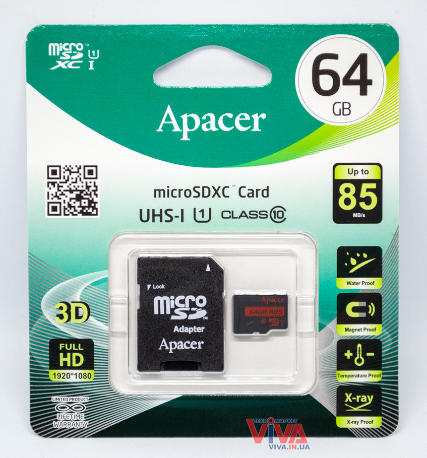 Карта пам'яті microSDXC Apacer 64GB UHS-I U1 Class 10 (R85 MB/s) + SD adapter