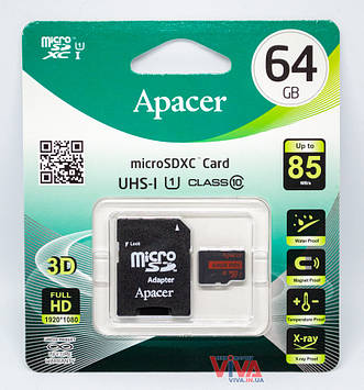 Карта пам'яті Apacer microSDXC 64GB UHS-I U1 Class 10 (R85 MB/s) + SD-adapter