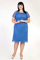 Женское нарядное кружевного платье голубое с коротким рукавом, больших размеров 48, 50, 54