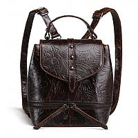 Рюкзак женский кожаный с цветочным тиснением (коричневый)