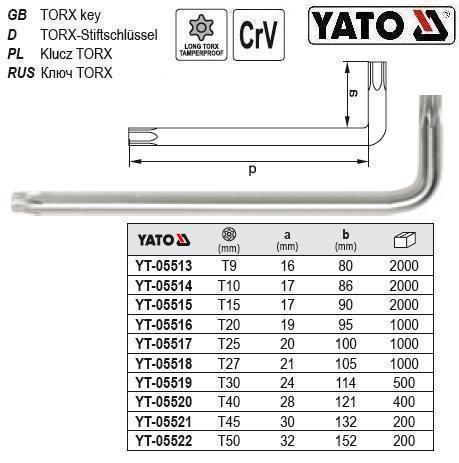 Ключ TORX SECURITY Г-подібний CrV Т45 28 х 133 мм YT-05521