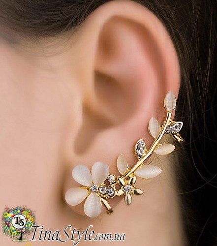 Каф на вухо божественна квітка БЕЗ ПРОКОЛА дві кліпси кристали Earcuff Кліп-каф сережки Кліпс