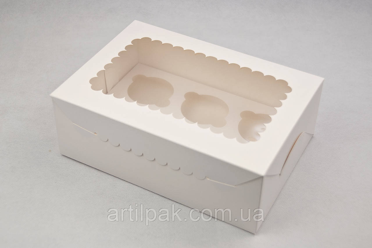 Коробка для капкейків, кексів та мафінів 6 штук Біла 255*180*90 з вікном