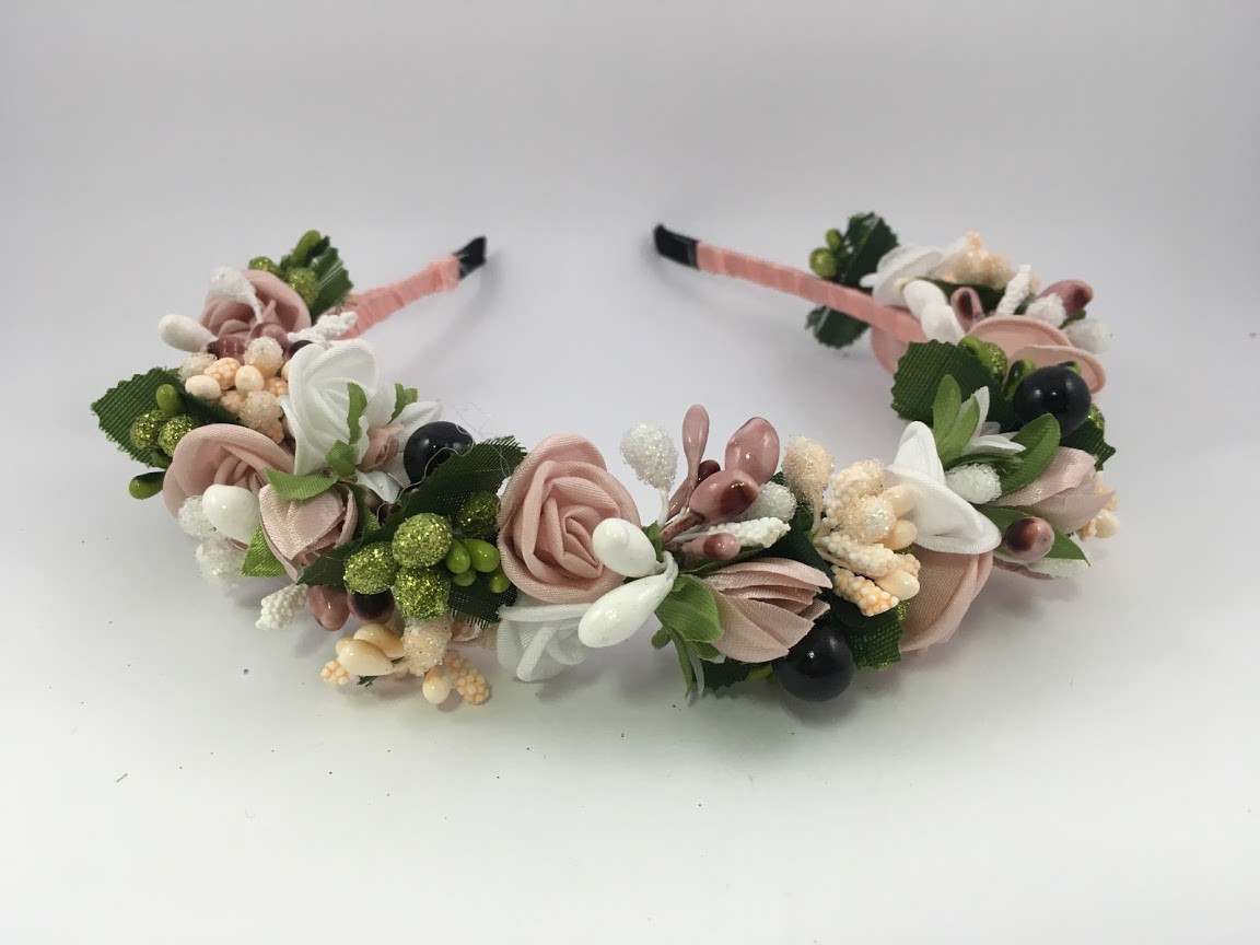 Віночок на голову ручної роботи з пудровими квіточками, фото 1