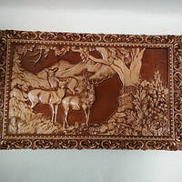 Деревянная картина с резьбой "Олени на поляне" 450*390*18 мм