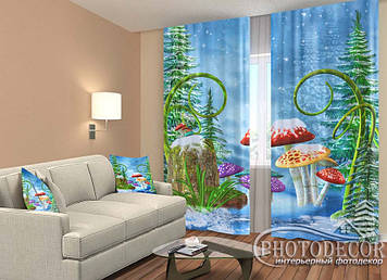 Новорічні Фото Штори "Гриби в снігу" 2,5м*2,6м (2 полотна по 1,30м), тасьма