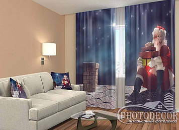 Новорічні Фото Штори "Дід Мороз на даху" 2,5м*2,6м (2 полотна по 1,30м), тасьма