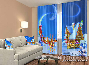 Новорічні Фото Штори "Дід мороз на санях і сніговики" 2,5м*2,6м (2 полотна по 1,30м), тасьма