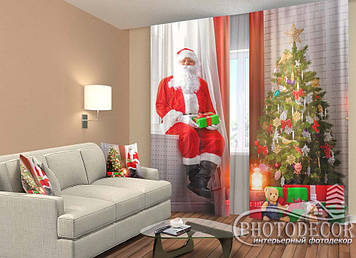 Новорічні Фото Штори "Дід мороз та ялинка" 2,5м*2,6м (2 полотна по 1,30м), тасьма
