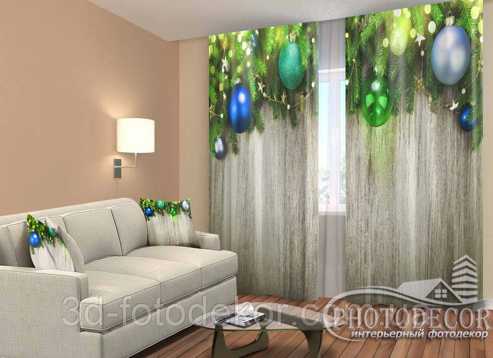 Новорічні Фото Штори "Ялинкові ламбрекени з іграшками" 2,5м*2,90м (2 полотна по 1,45м), тасьма