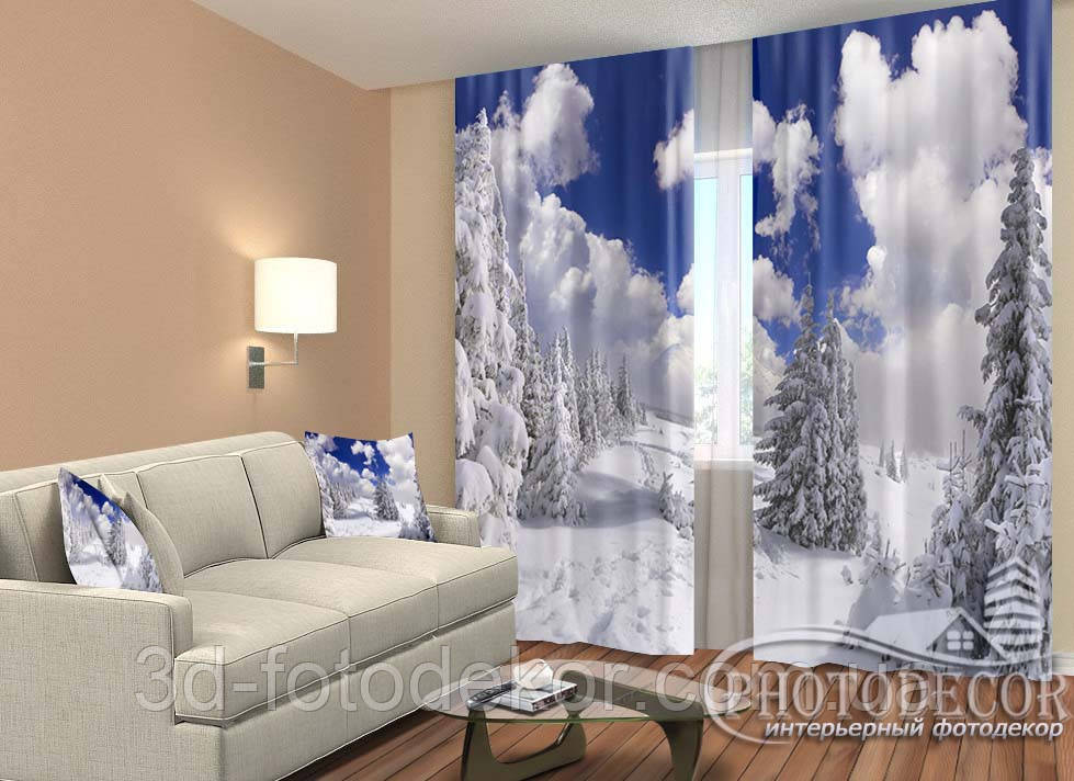 Новорічні Фото Штори "Зима в лісі" 2,5м*2,90м (2 полотна по 1,45м), тасьма