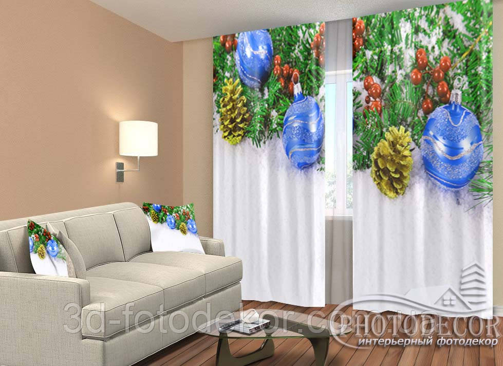 Новорічні Фото Штори "Новорічні іграшки з шишками" 2,5м*2,90м (2 полотна по 1,45м), тасьма