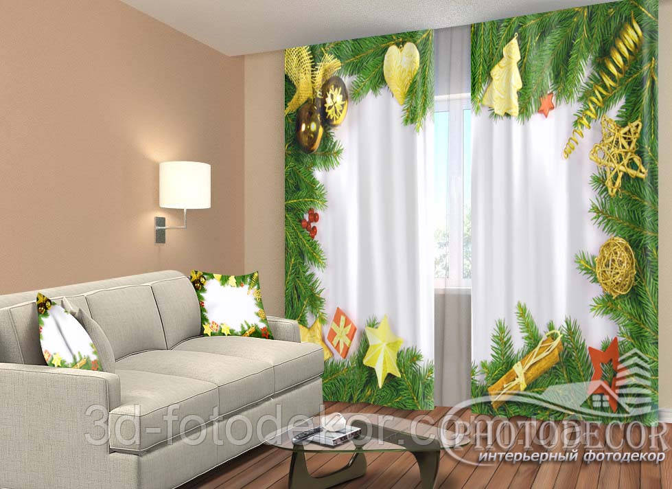 Новорічні Фото Штори "Новорічні прикраси 2" 2,5м*2,90м (2 полотна по 1,45м), тасьма, фото 1