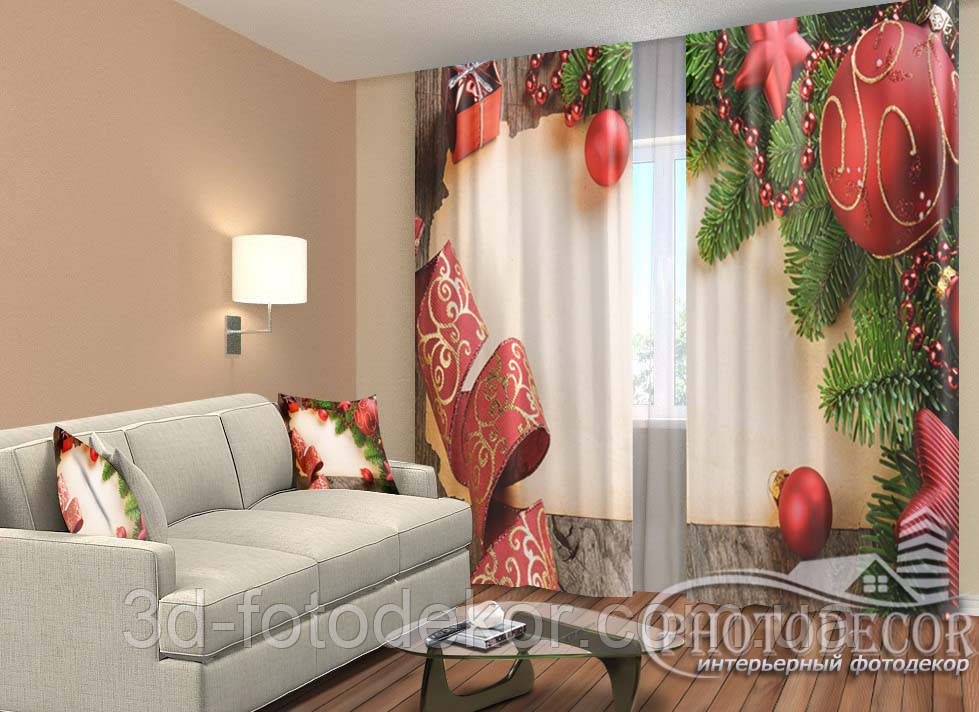 Новорічні Фото Штори "Новорічні прикраси" 2,5м*2,90м (2 полотна по 1,45м), тасьма, фото 1