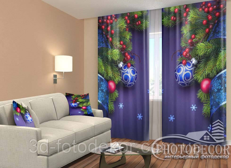 Новорічні Фото Штори "Гілки ялини" 2,5м*2,90м (2 полотна по 1,45м), тасьма