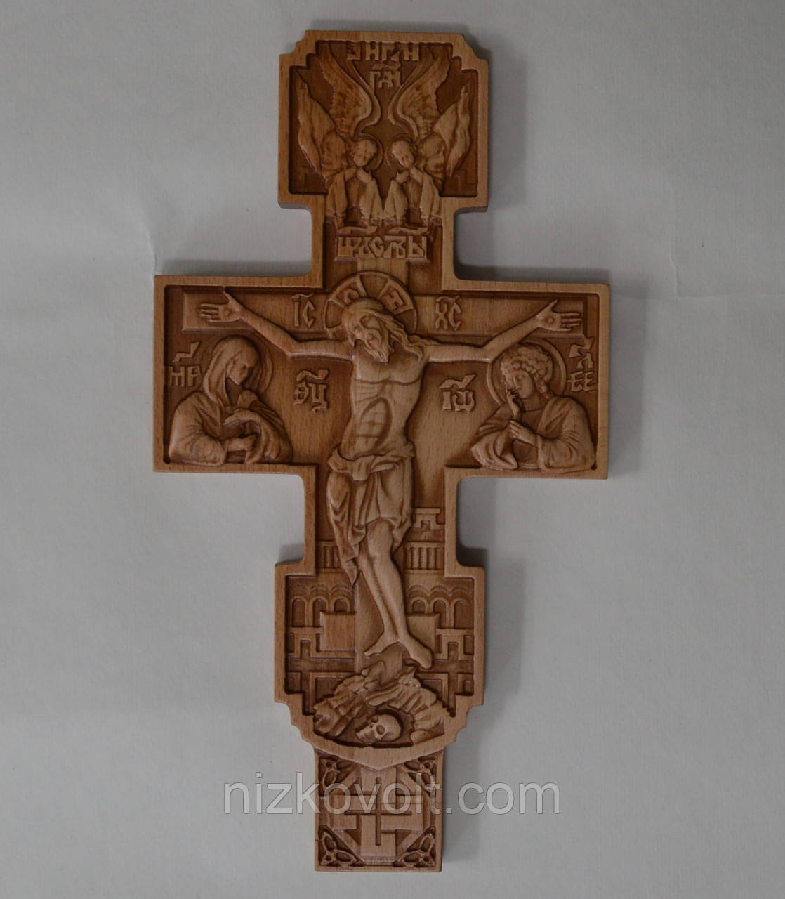 Різьблений православний хрест з дерева "Розп'яття" 160х300х18 мм, фото 1
