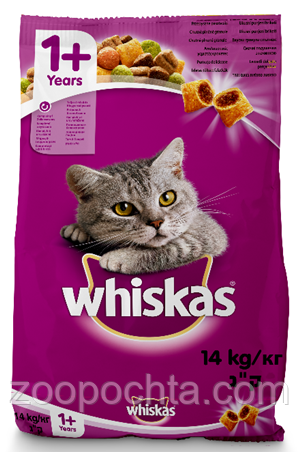 Сухий корм Whiskas 1+ з яловичиною для дорослих кішок 14КГ