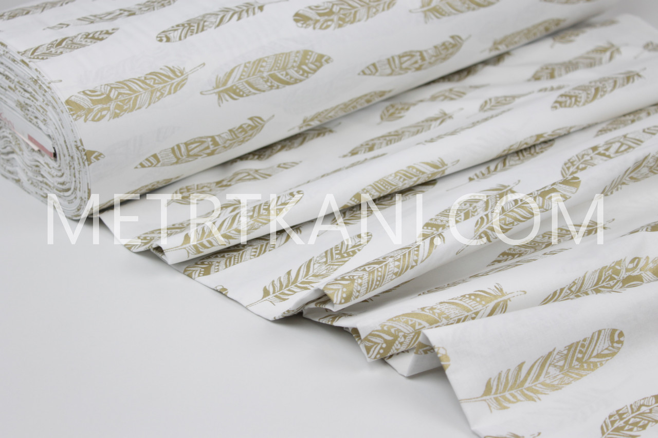Тканина ранфорс Туреччина 240 см "Пер'я" (глітер) золоті на білому No WH-2960-11, фото 1